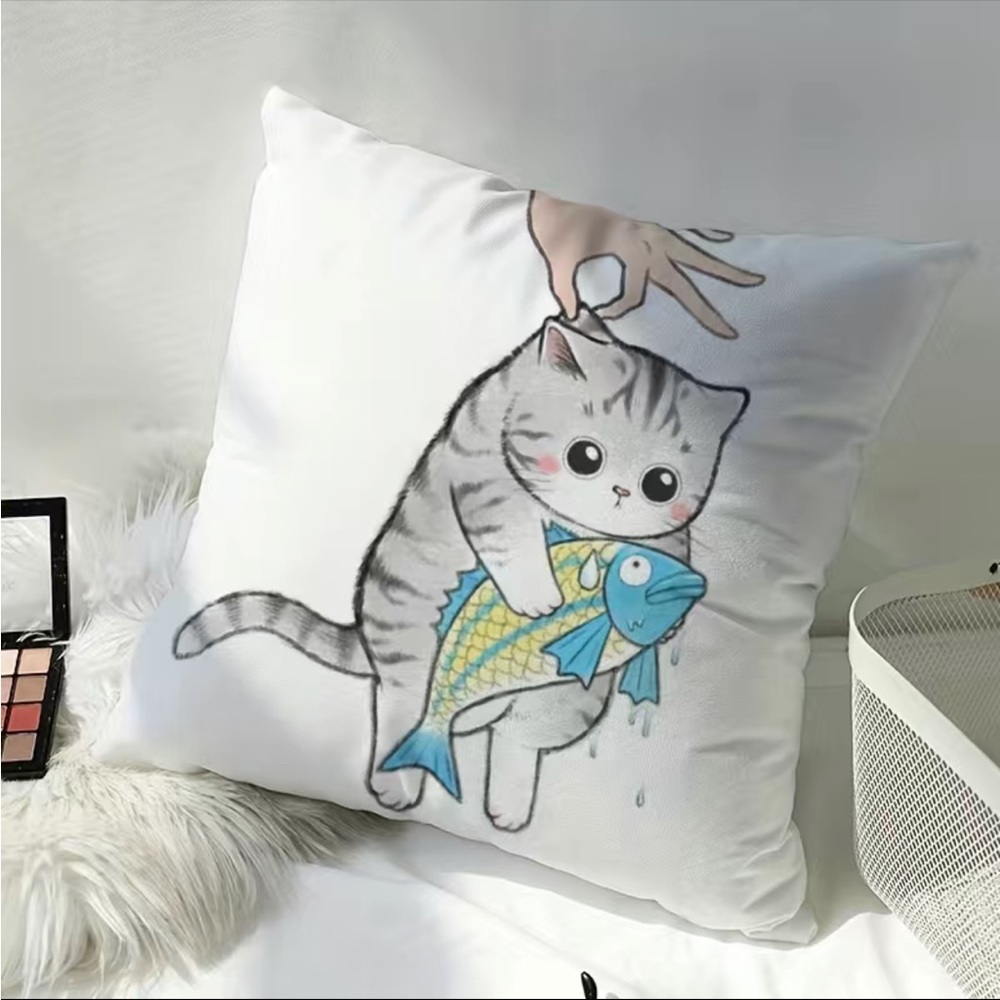 1pc, Fun Fishing Cat Single Sided Printed Throw Pillow Cover Sofa Bedroo…‎